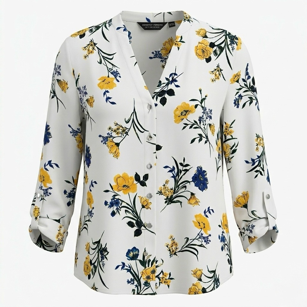 Dorothy Perkins V Neck Roll Sleeve Off White with Florals Blouse - Women’s US 16